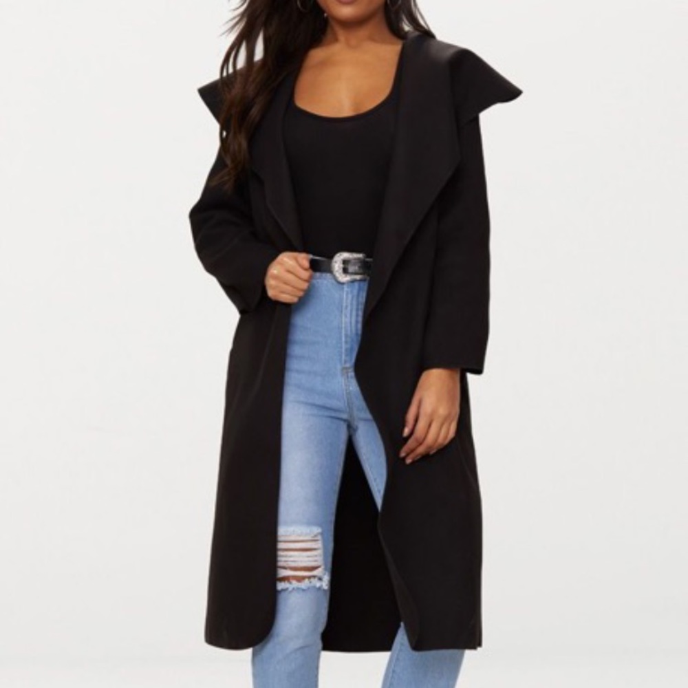 PLT Black oversized waterfall belt coat